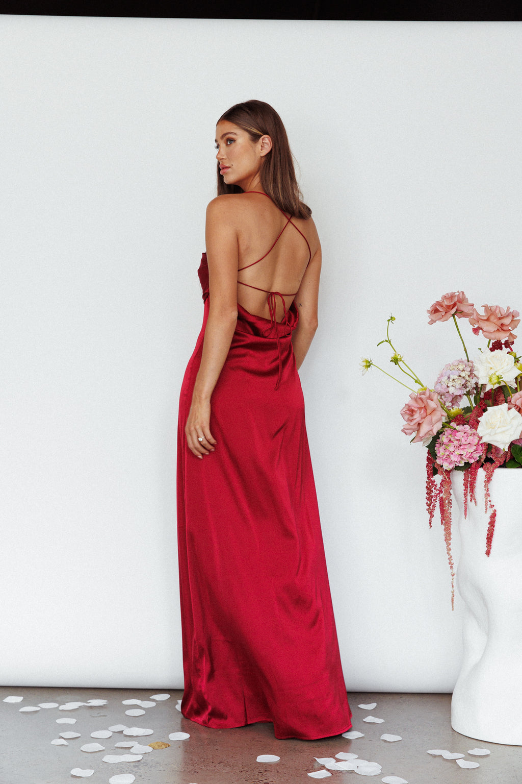 Love Letters Strappy Cowl Back Dress Burgundy by Selfie Leslie Australia
