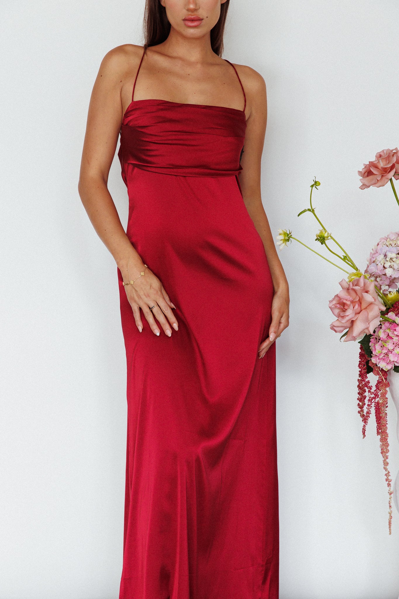 Love Letters Strappy Cowl Back Dress Burgundy by Selfie Leslie Australia