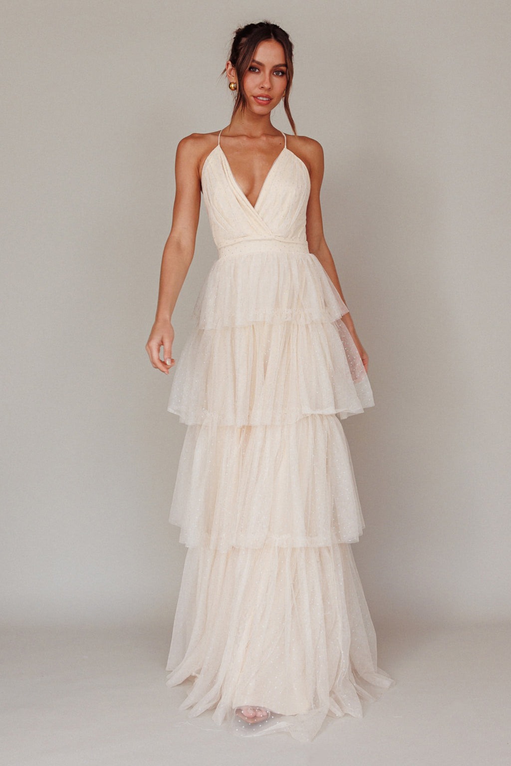 Seylah Tiered Frill Maxi Dress Glitter Cream by Selfie Leslie Australia