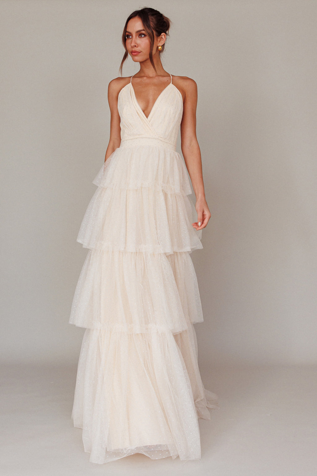 Seylah Tiered Frill Maxi Dress Glitter Cream by Selfie Leslie Australia