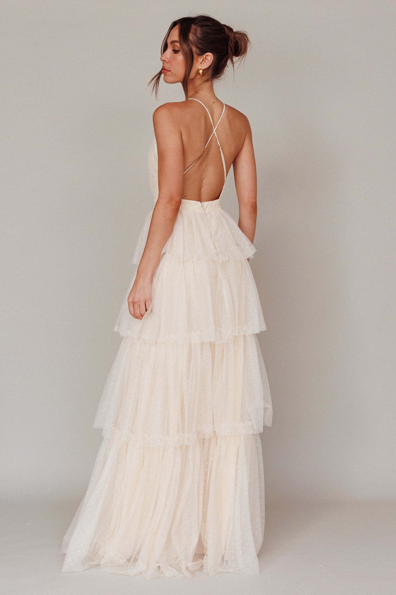 Seylah Tiered Frill Maxi Dress Glitter Cream by Selfie Leslie Australia