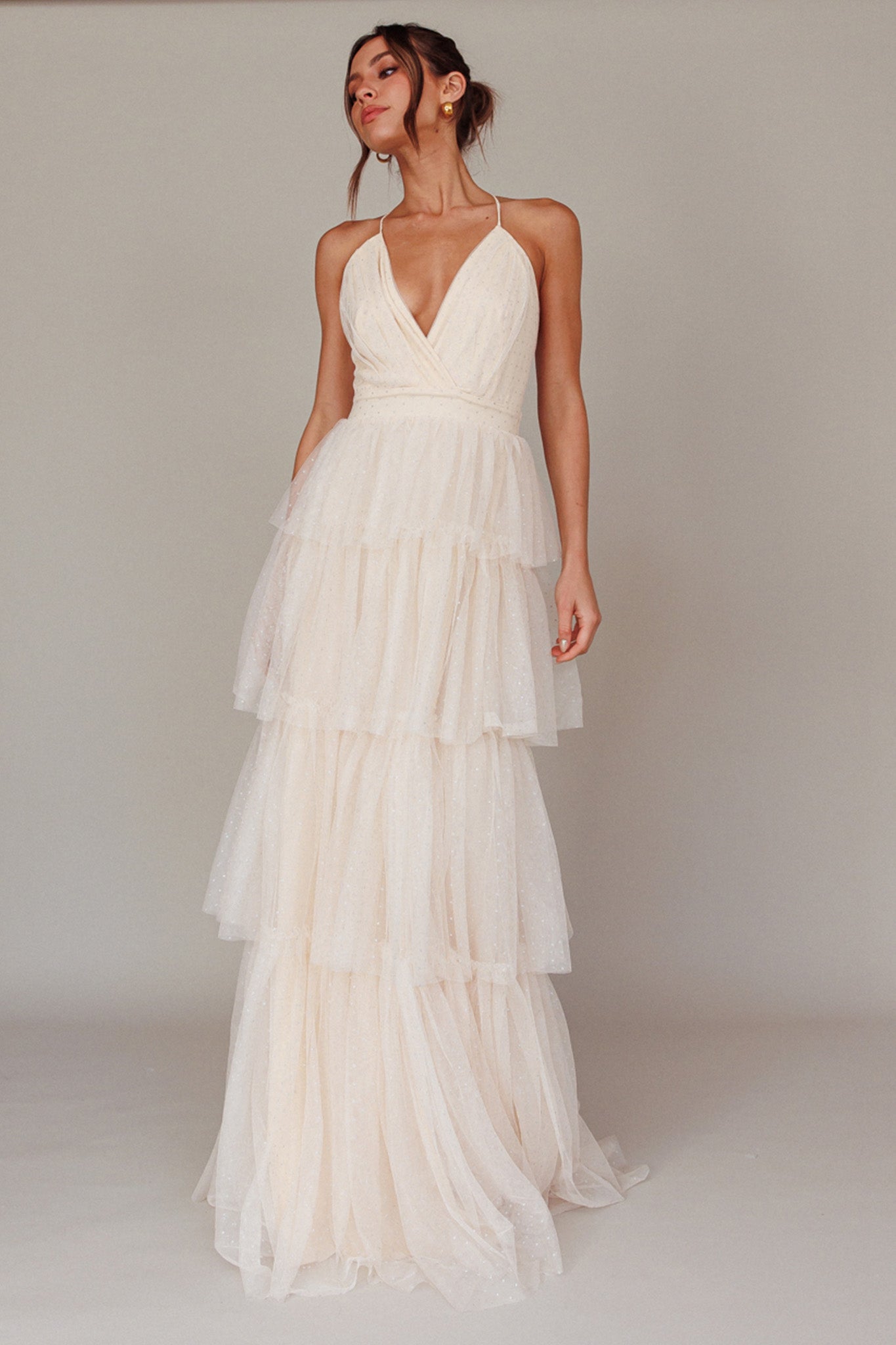 Seylah Tiered Frill Maxi Dress Glitter Cream by Selfie Leslie Australia