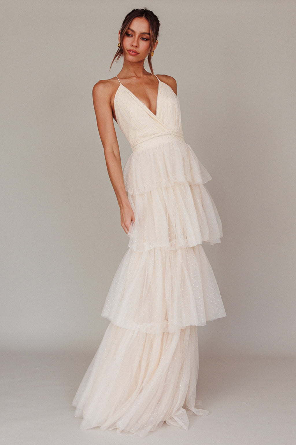 Seylah Tiered Frill Maxi Dress Glitter Cream by Selfie Leslie Australia
