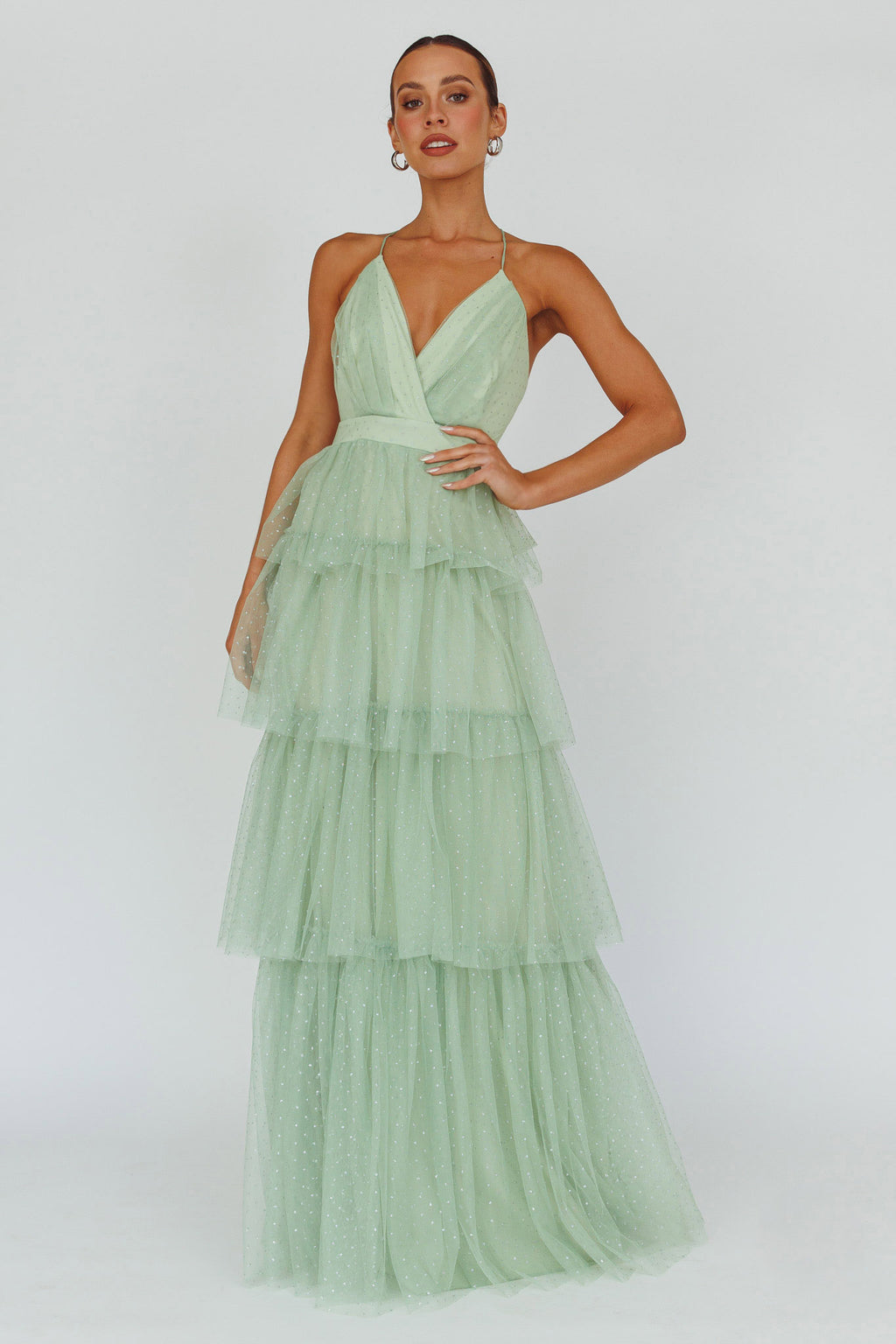 Seylah Tiered Frill Maxi Dress Glitter Sage by Selfie Leslie Australia