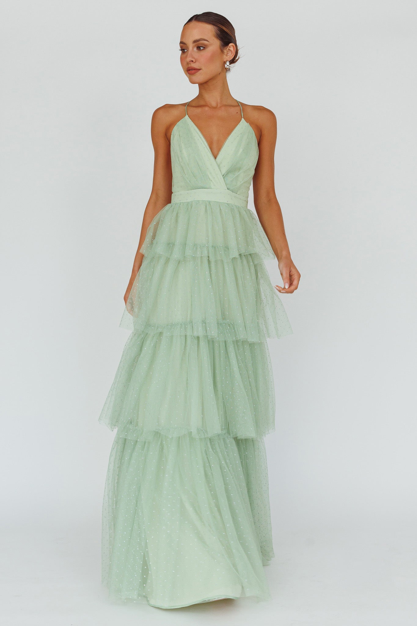 Seylah Tiered Frill Maxi Dress Glitter Sage by Selfie Leslie Australia