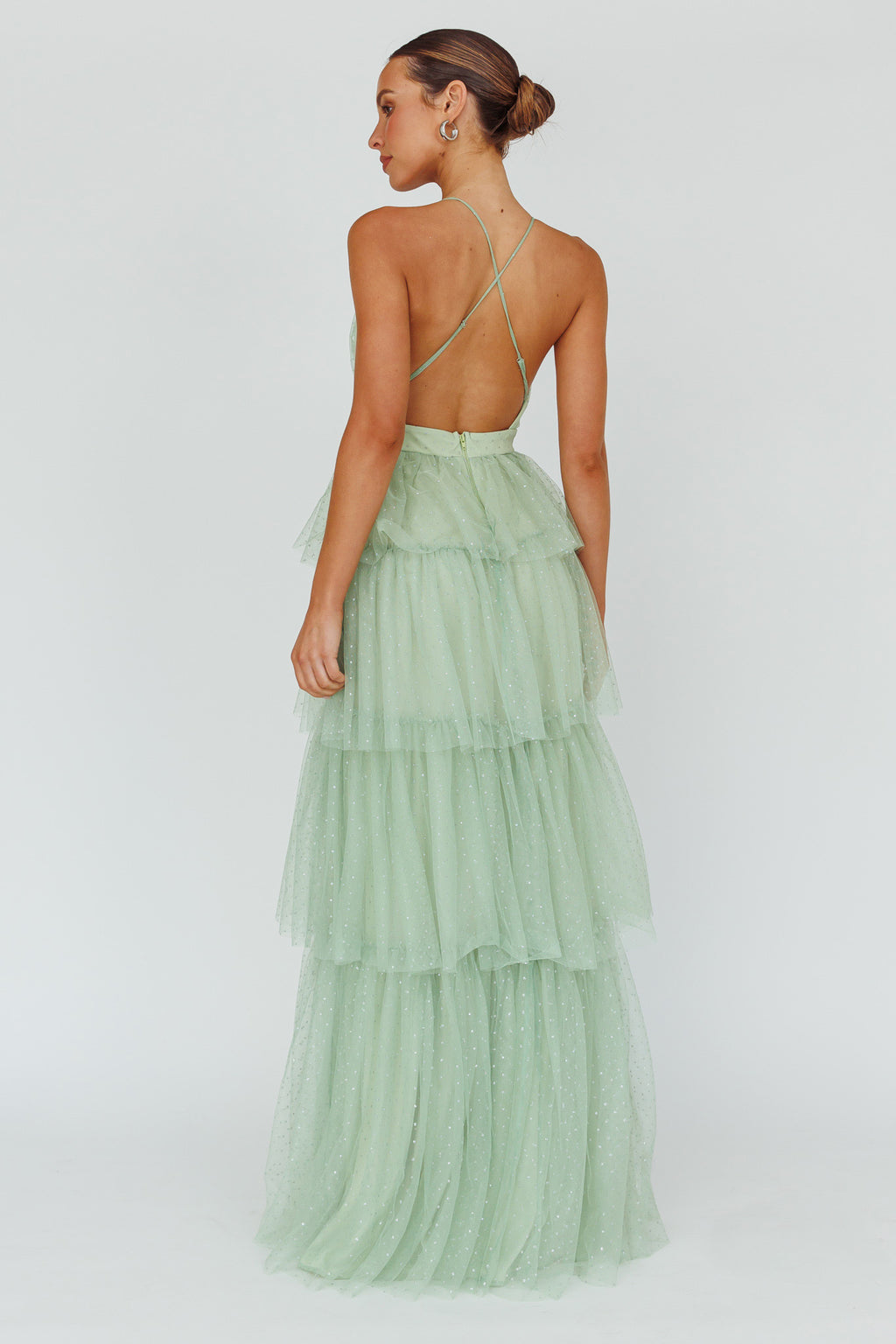 Seylah Tiered Frill Maxi Dress Glitter Sage by Selfie Leslie Australia