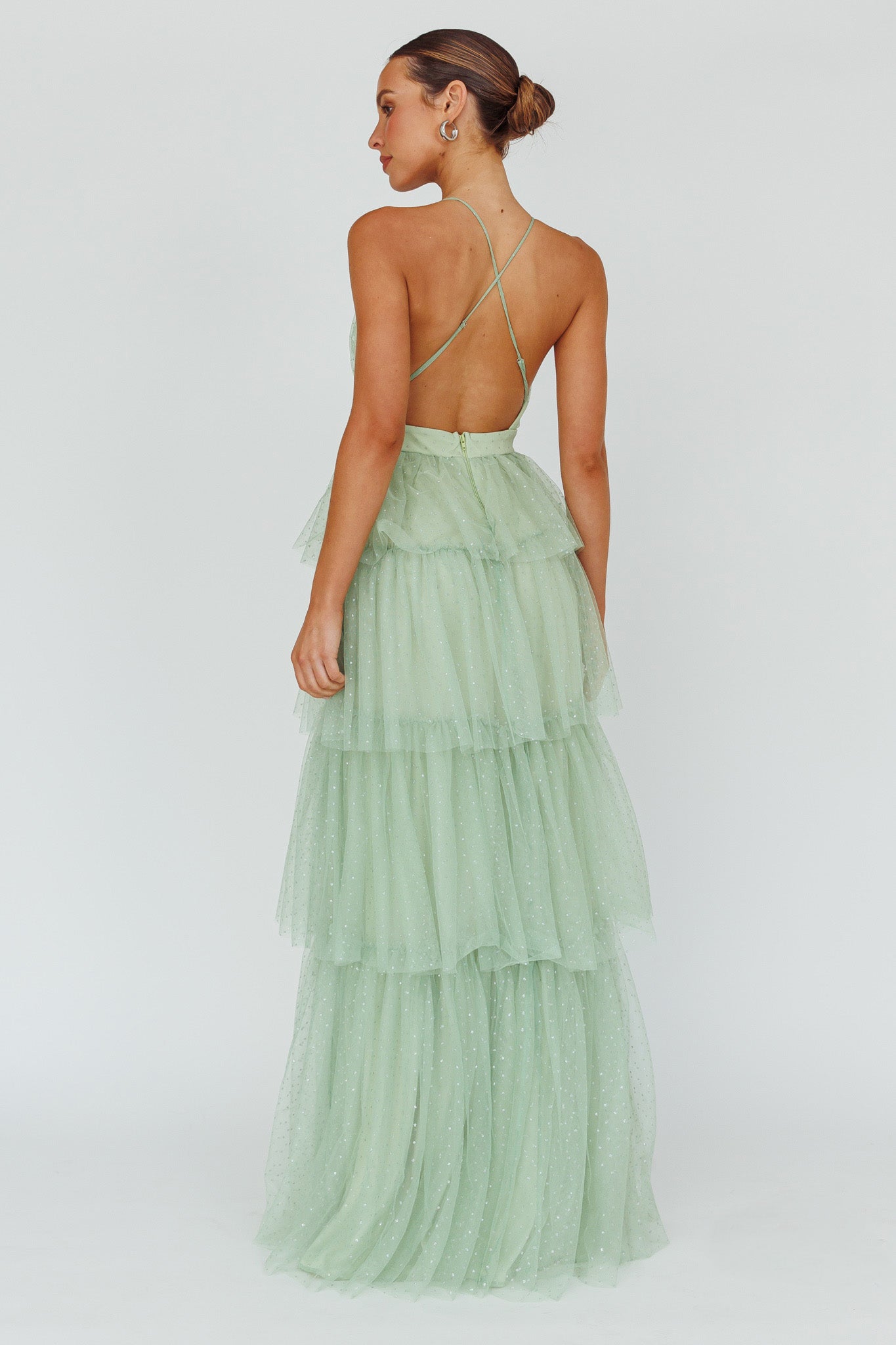 Seylah Tiered Frill Maxi Dress Glitter Sage by Selfie Leslie Australia