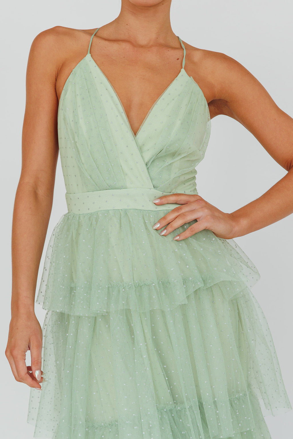 Seylah Tiered Frill Maxi Dress Glitter Sage by Selfie Leslie Australia