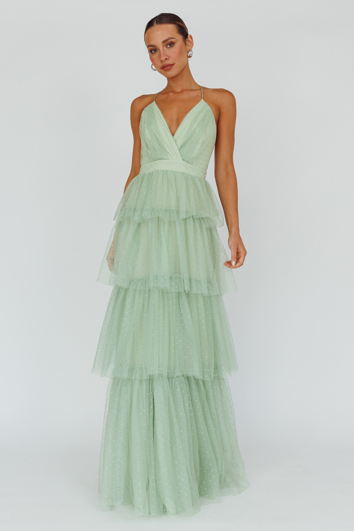 Seylah Tiered Frill Maxi Dress Glitter Sage by Selfie Leslie Australia