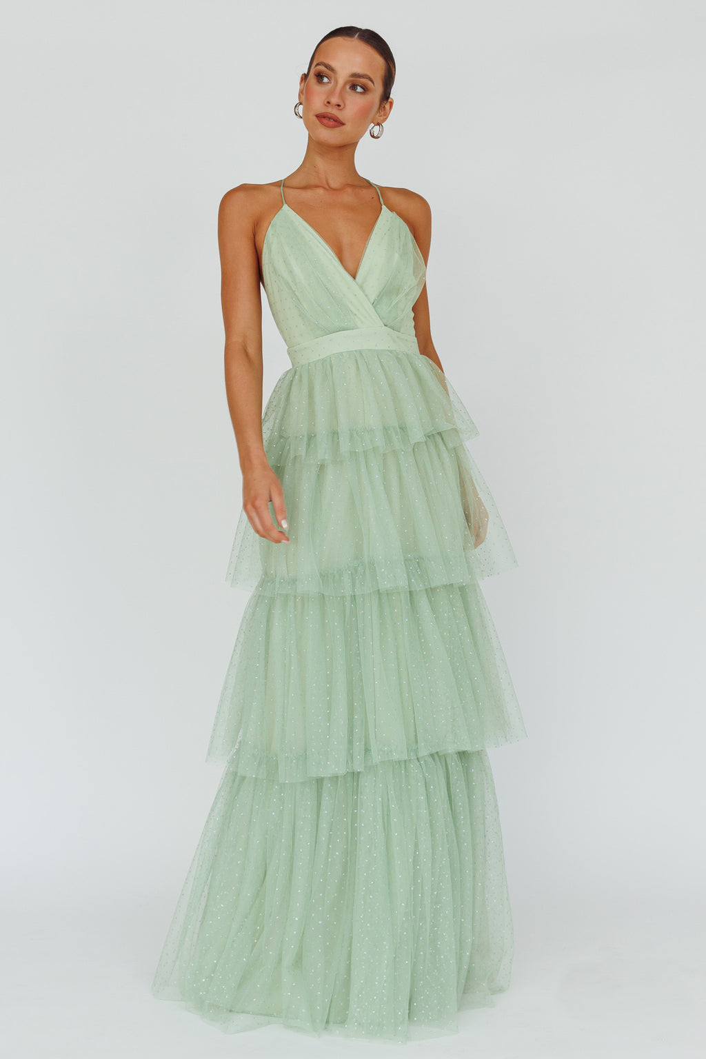 Seylah Tiered Frill Maxi Dress Glitter Sage by Selfie Leslie Australia