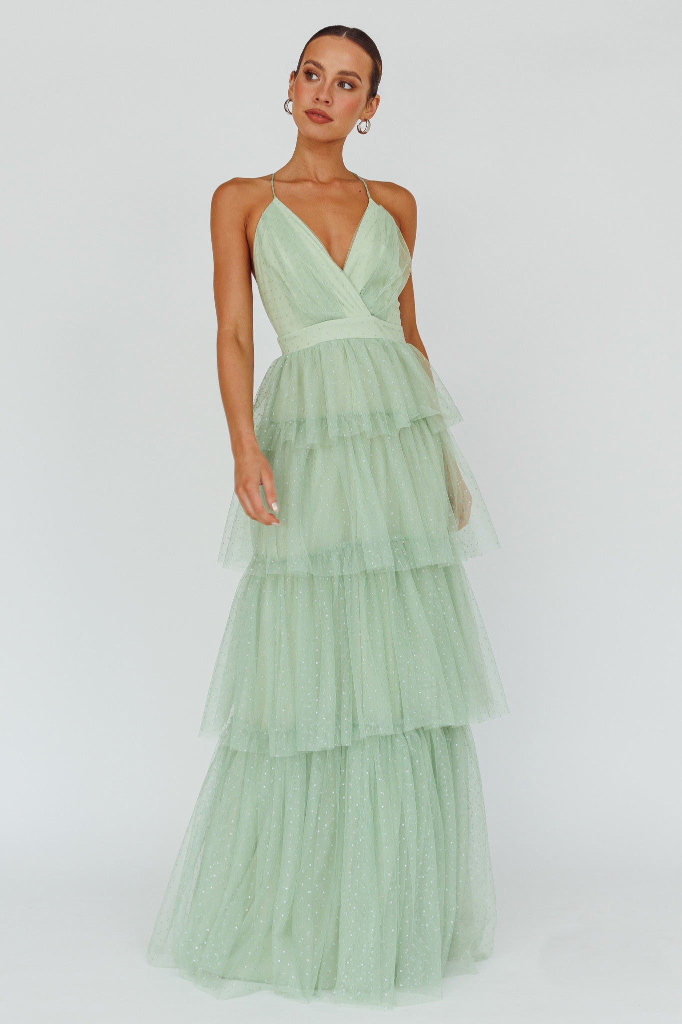 Seylah Tiered Frill Maxi Dress Glitter Sage by Selfie Leslie Australia
