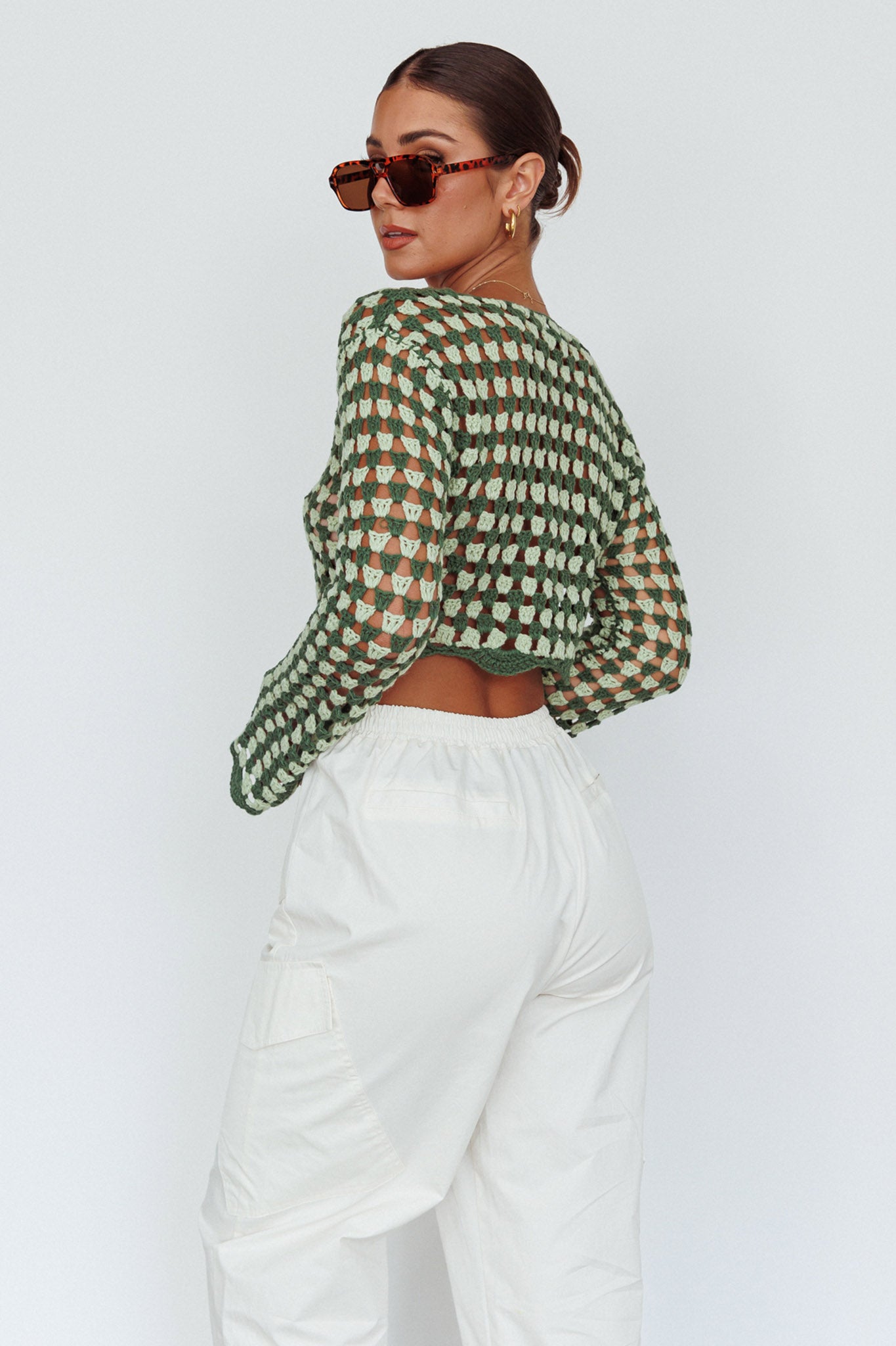 Maycie Long Sleeve Crochet Crop Top Green Multi by Selfie Leslie Australia