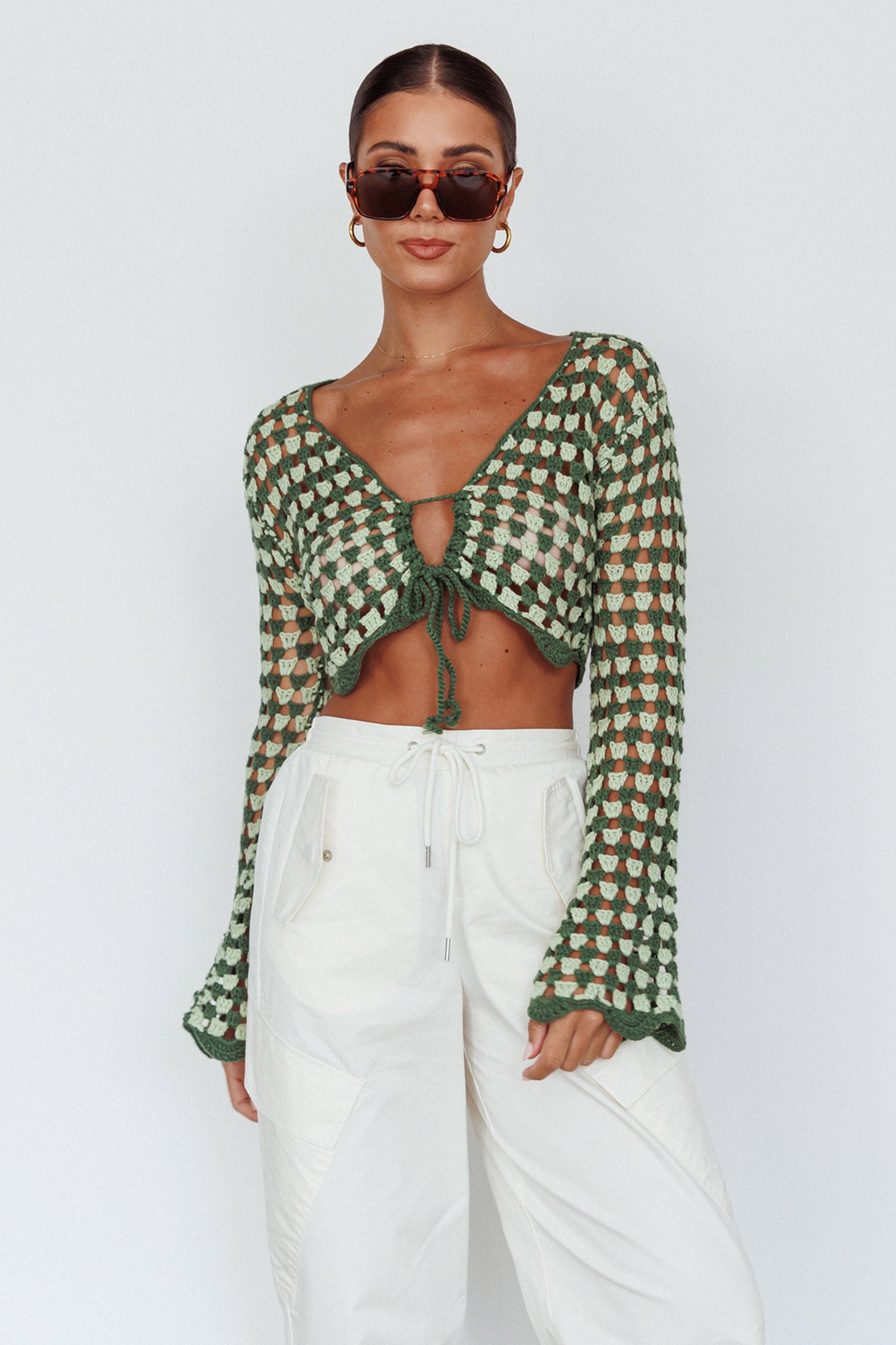Maycie Long Sleeve Crochet Crop Top Green Multi by Selfie Leslie Australia