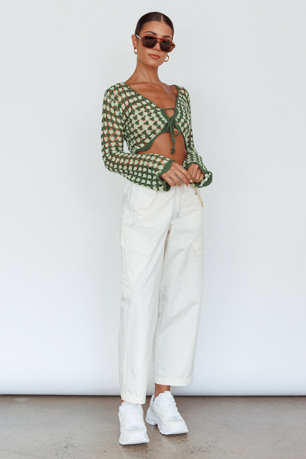 Maycie Long Sleeve Crochet Crop Top Green Multi by Selfie Leslie Australia