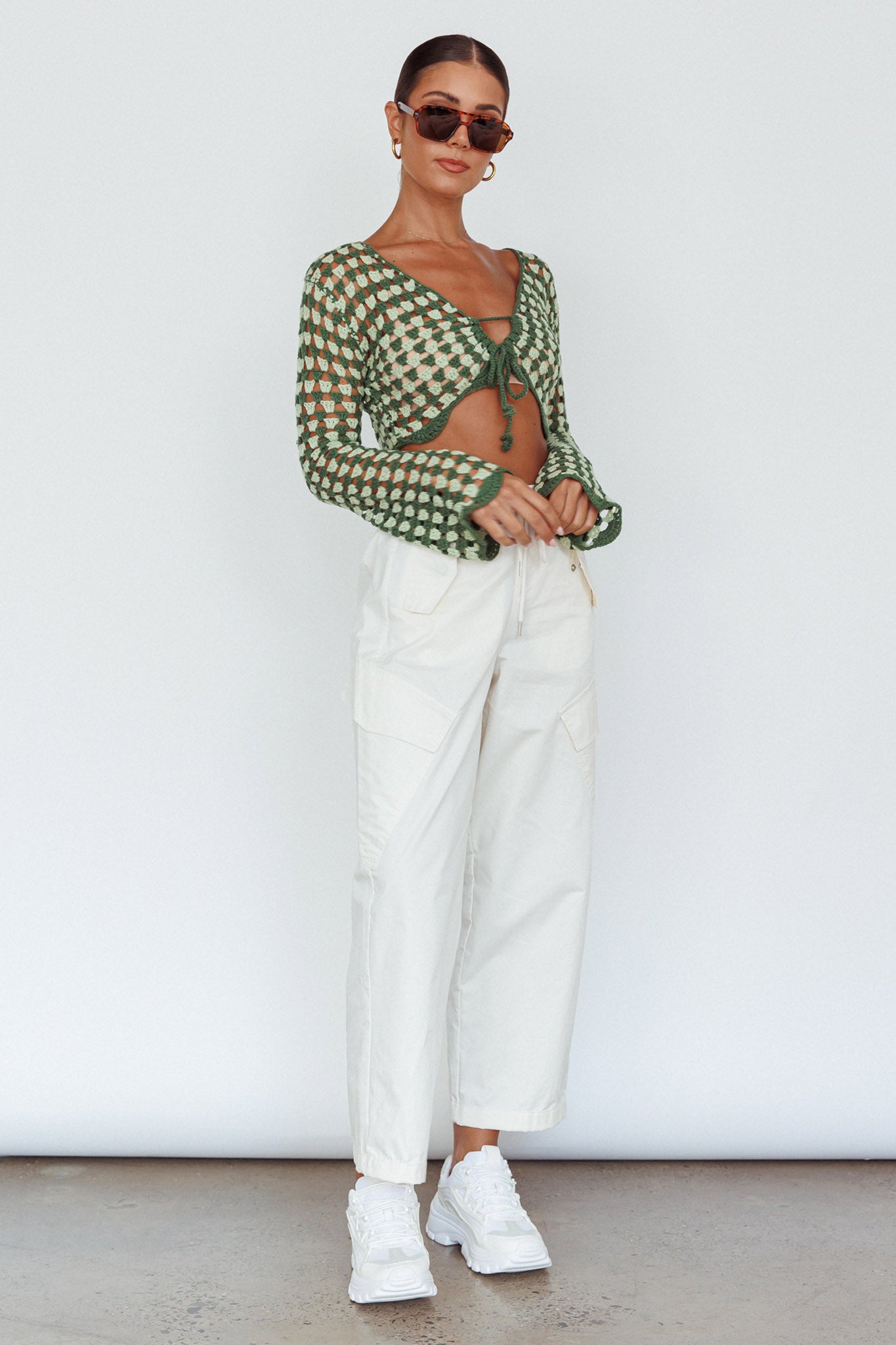 Maycie Long Sleeve Crochet Crop Top Green Multi by Selfie Leslie Australia