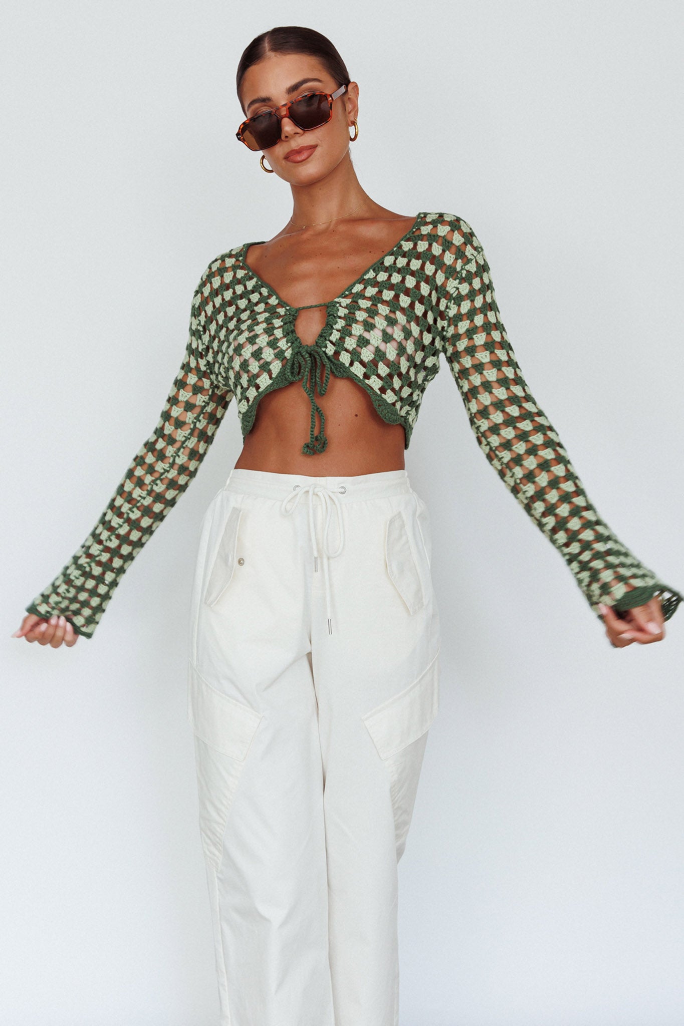 Maycie Long Sleeve Crochet Crop Top Green Multi by Selfie Leslie Australia