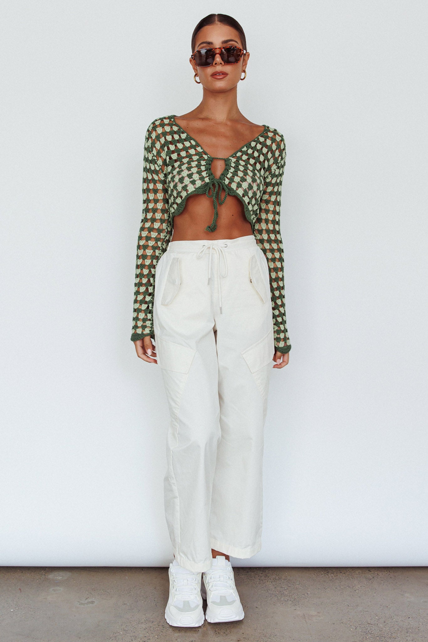 Maycie Long Sleeve Crochet Crop Top Green Multi by Selfie Leslie Australia