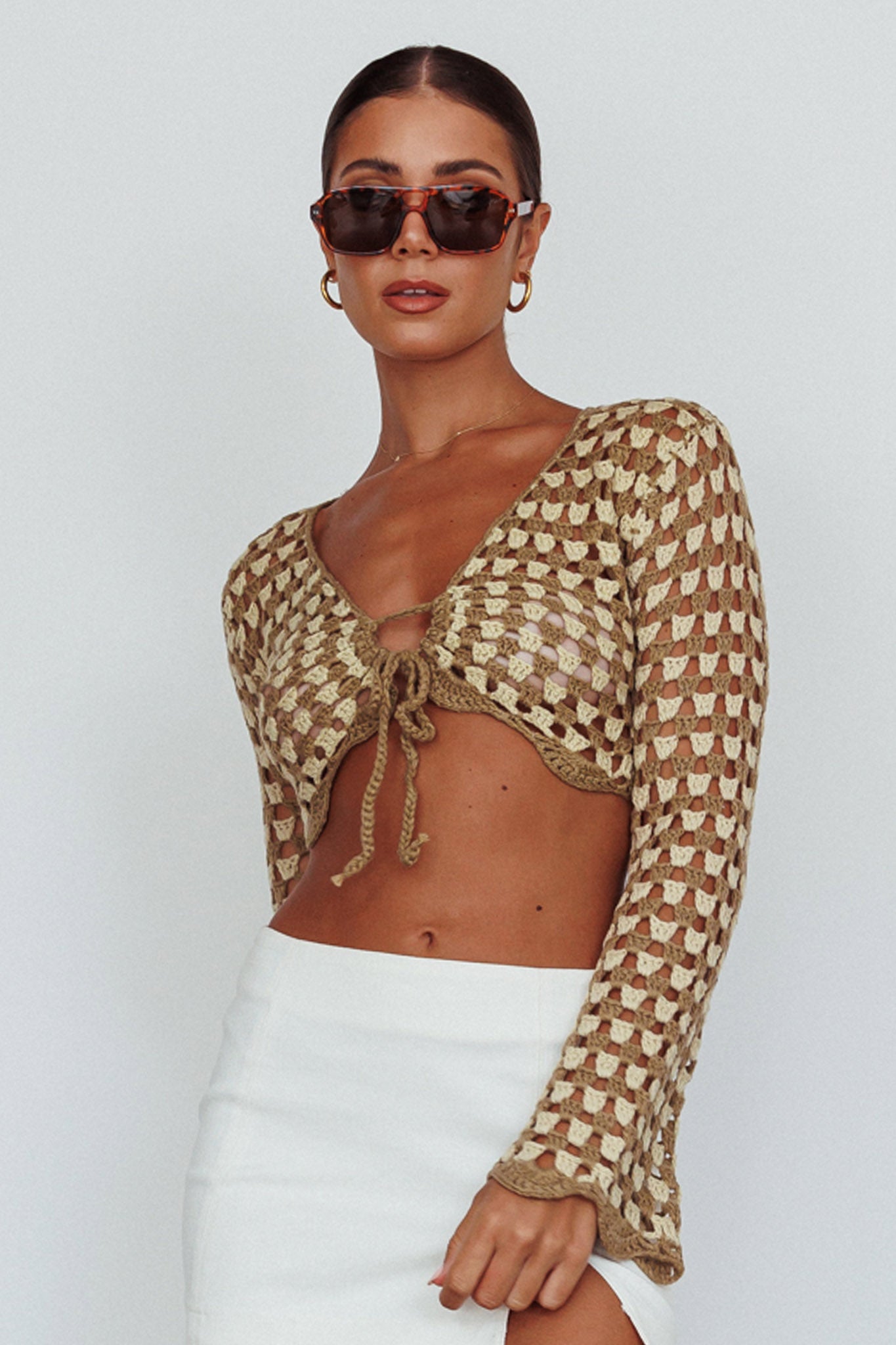 Maycie Long Sleeve Crochet Crop Top Taupe Multi by Selfie Leslie Australia