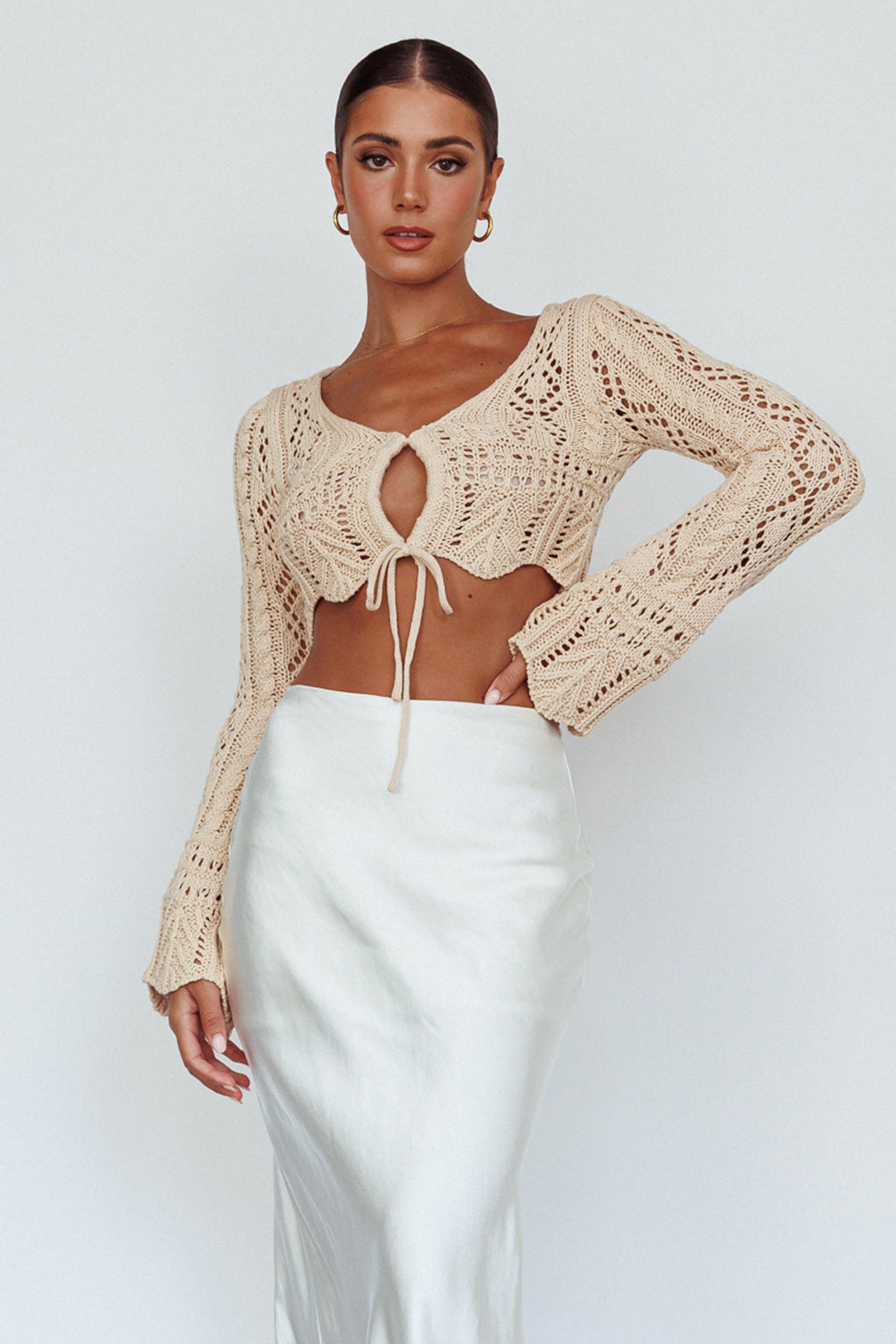 Maycie Long Sleeve Crochet Crop Top Beige by Selfie Leslie Australia
