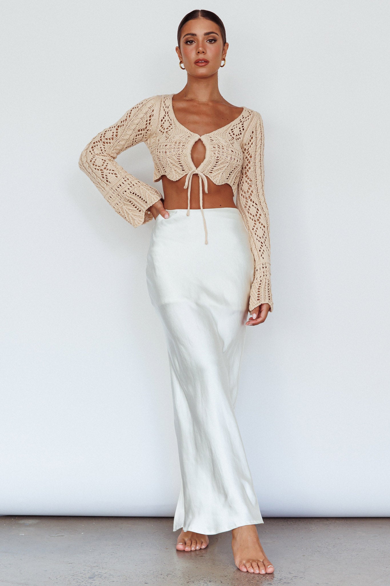 Maycie Long Sleeve Crochet Crop Top Beige by Selfie Leslie Australia