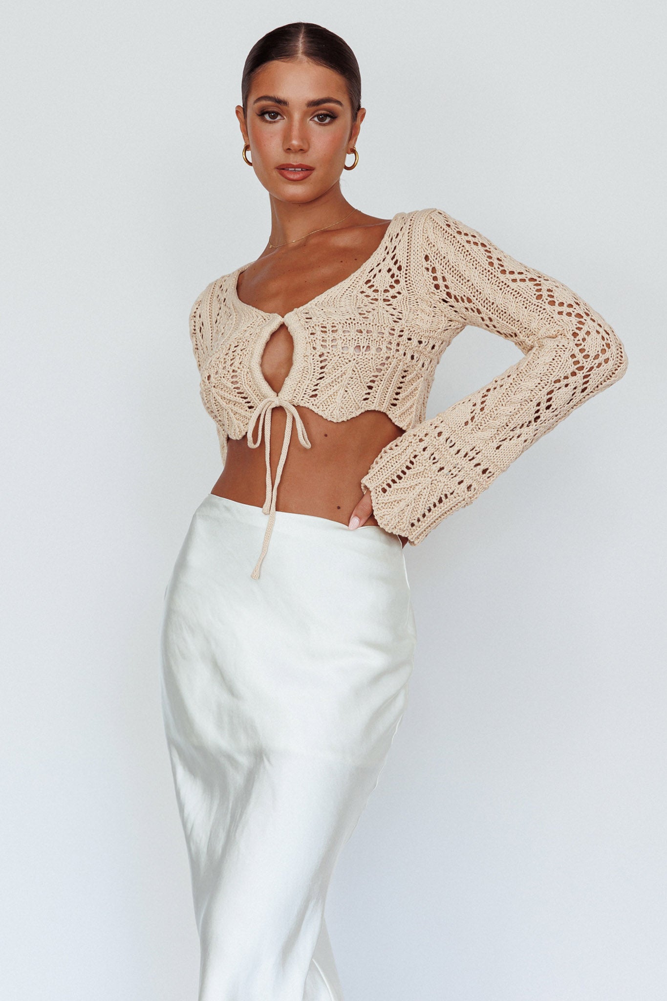Maycie Long Sleeve Crochet Crop Top Beige by Selfie Leslie Australia