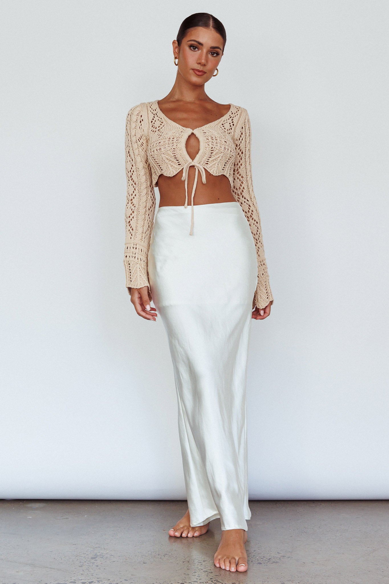 Maycie Long Sleeve Crochet Crop Top Beige by Selfie Leslie Australia