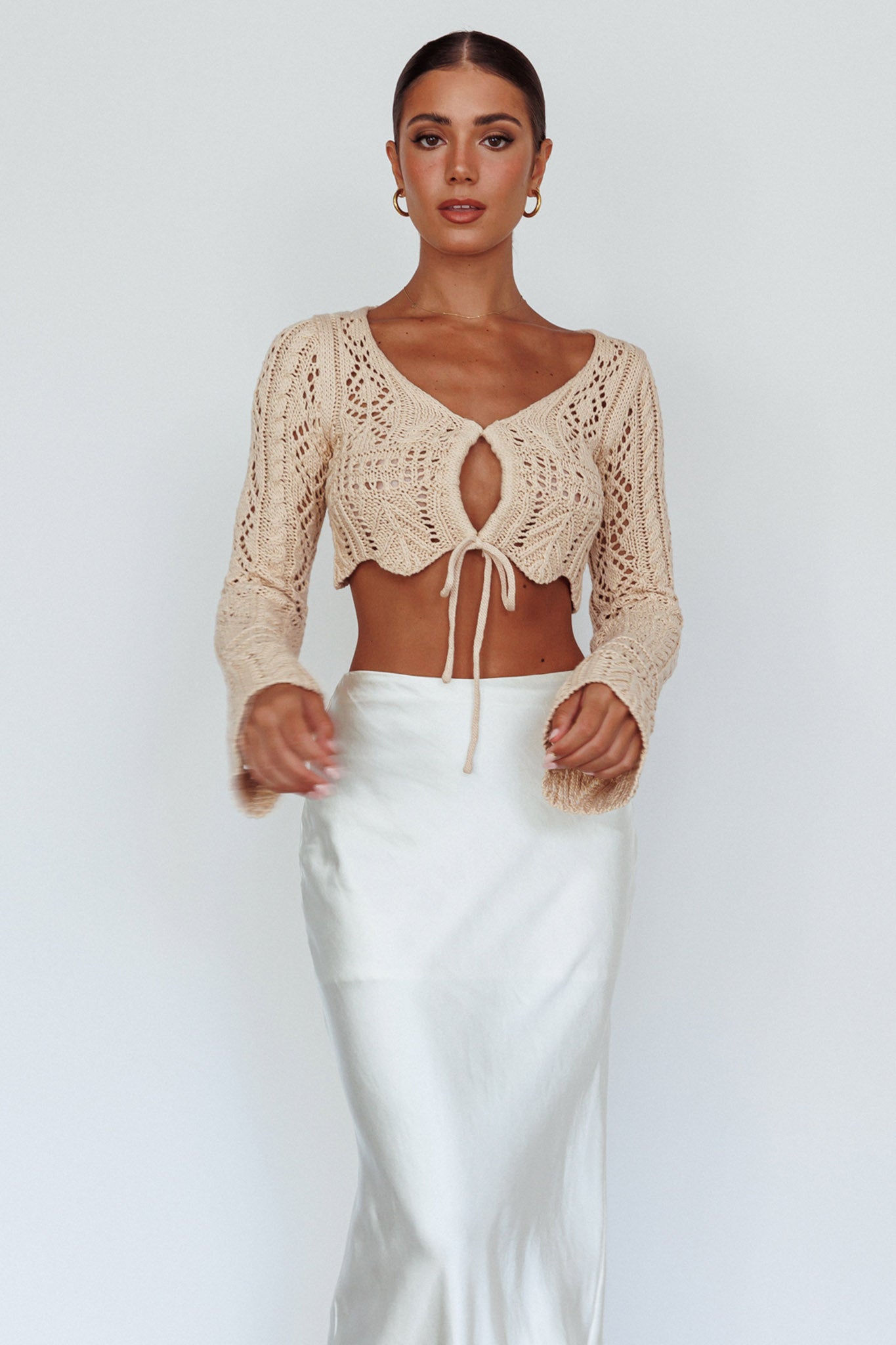 Maycie Long Sleeve Crochet Crop Top Beige by Selfie Leslie Australia