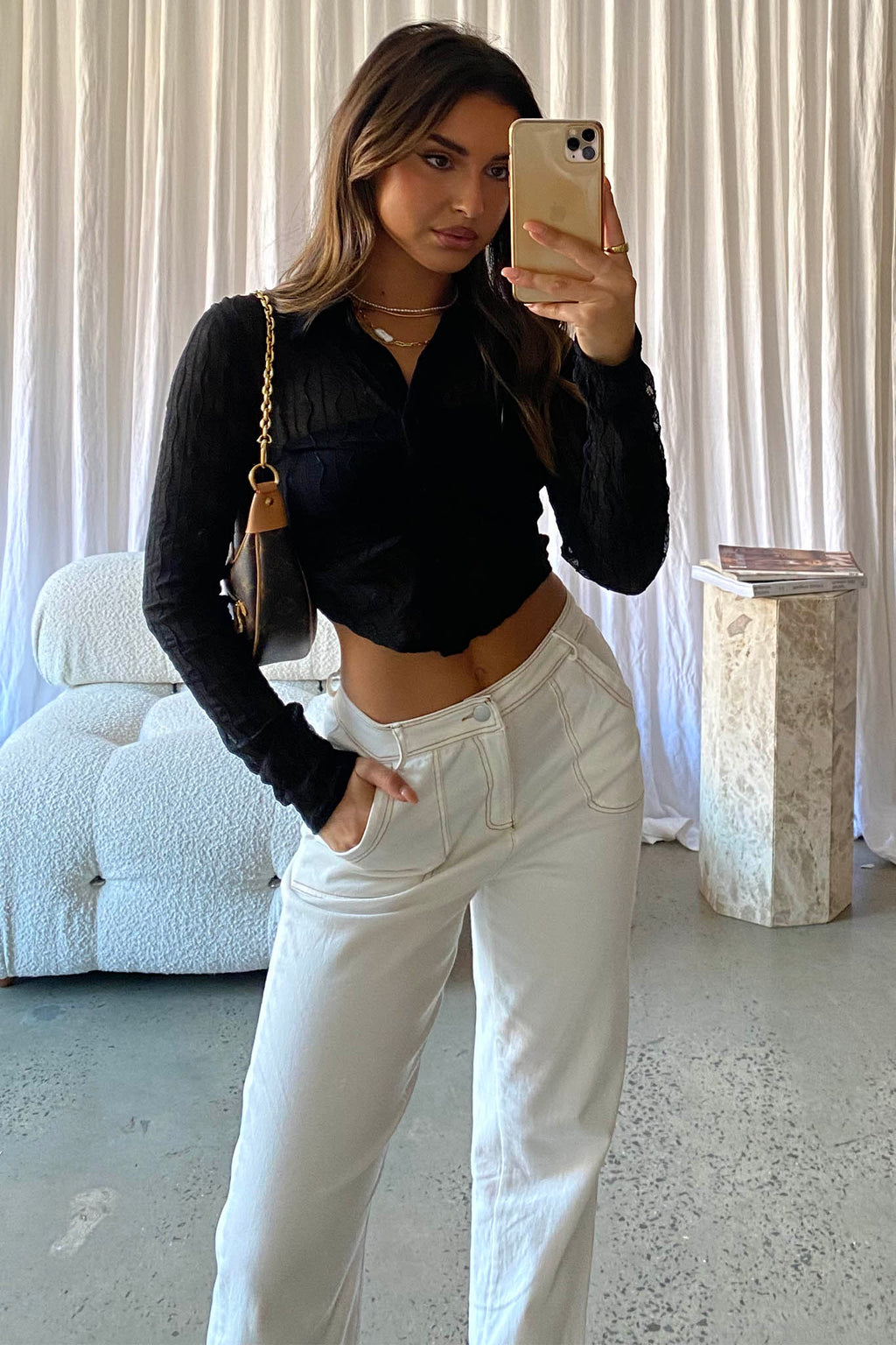 Jolita Sheer Buttoned Crop Top Black by Selfie Leslie Australia