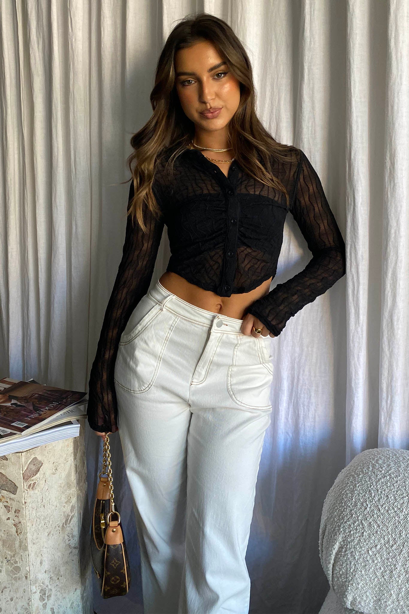 Jolita Sheer Buttoned Crop Top Black by Selfie Leslie Australia