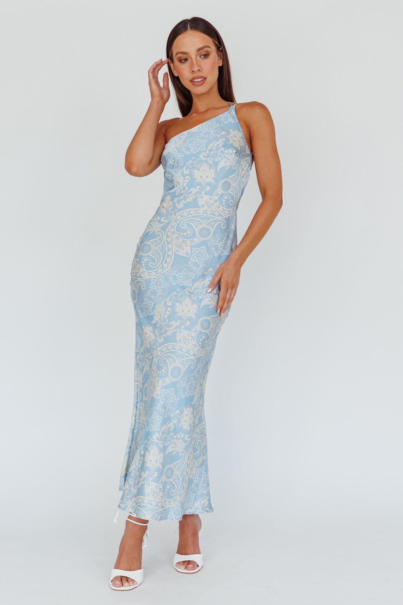 Eloah One-Shoulder Maxi Dress Blue Multi by Selfie Leslie Australia