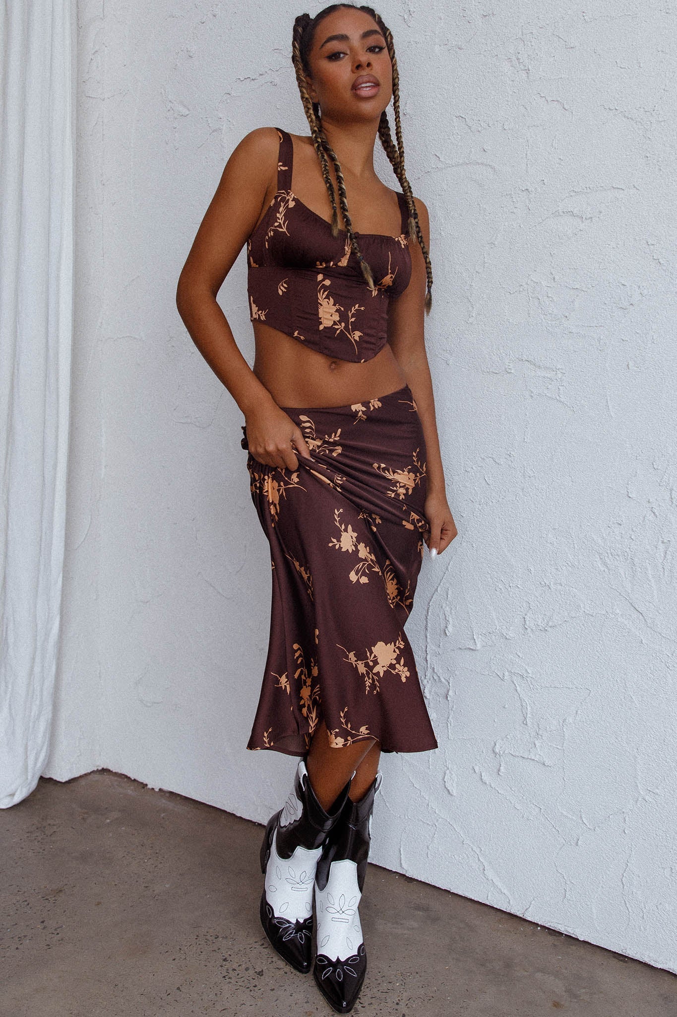 Hara Slip Midi Skirt Floral Brown by Selfie Leslie
