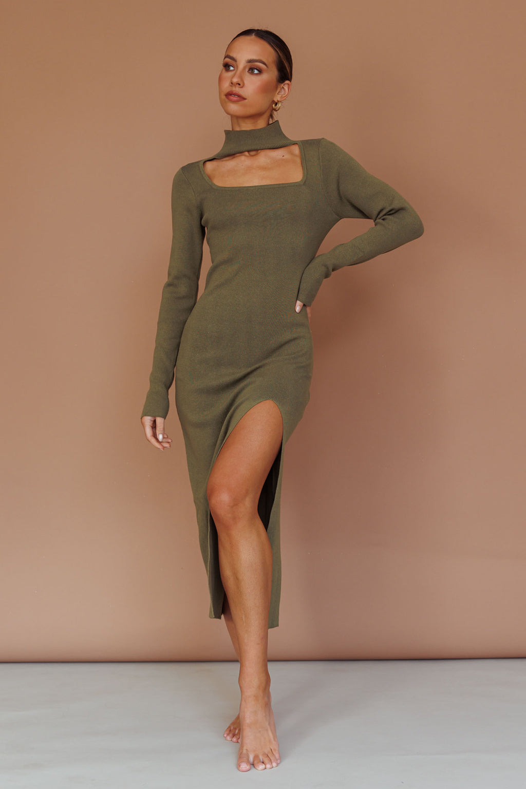 Get Acquainted Cut-Out Bust Midi Dress Olive by Selfie Leslie Australia