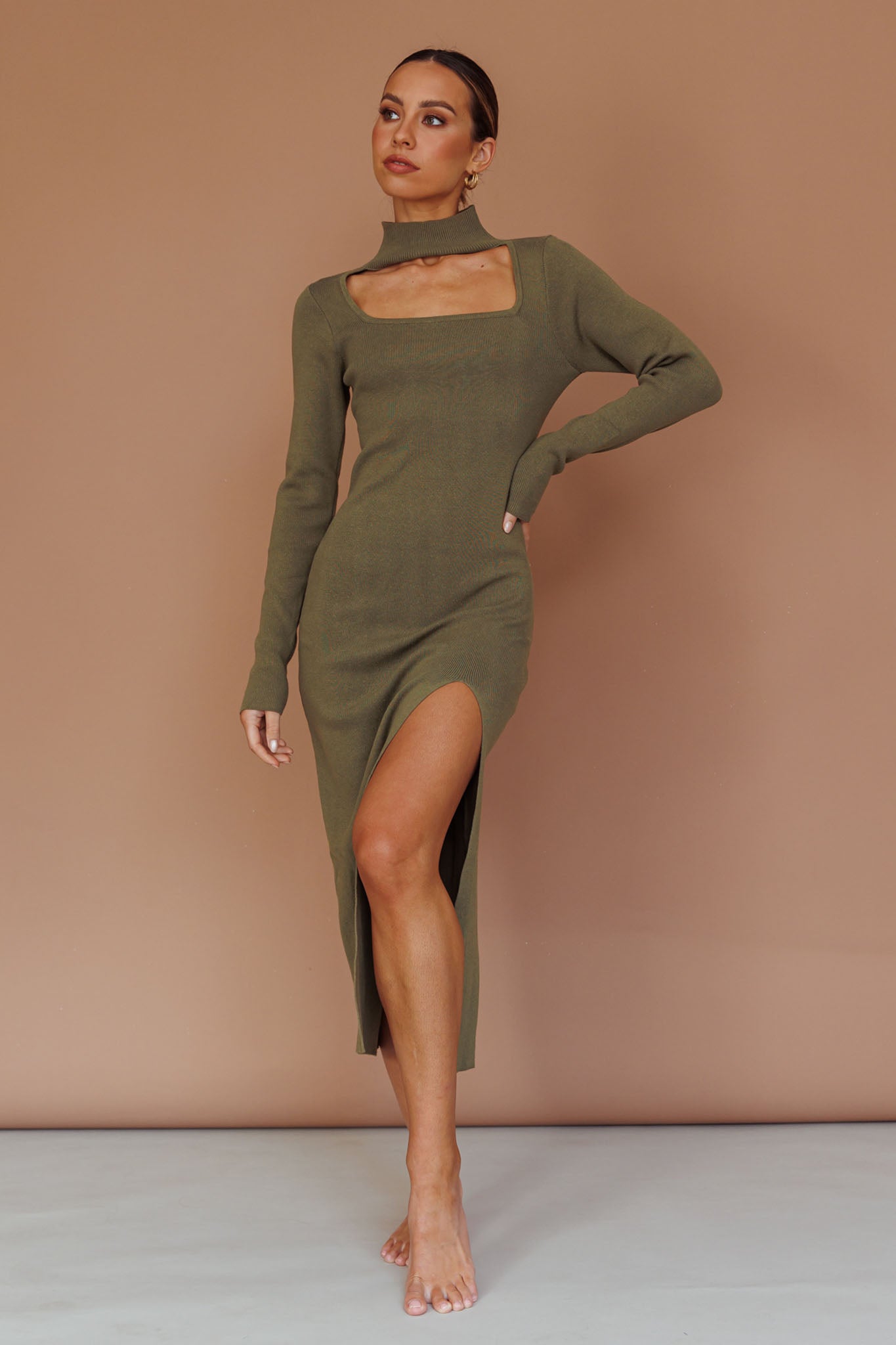 Get Acquainted Cut-Out Bust Midi Dress Olive by Selfie Leslie Australia