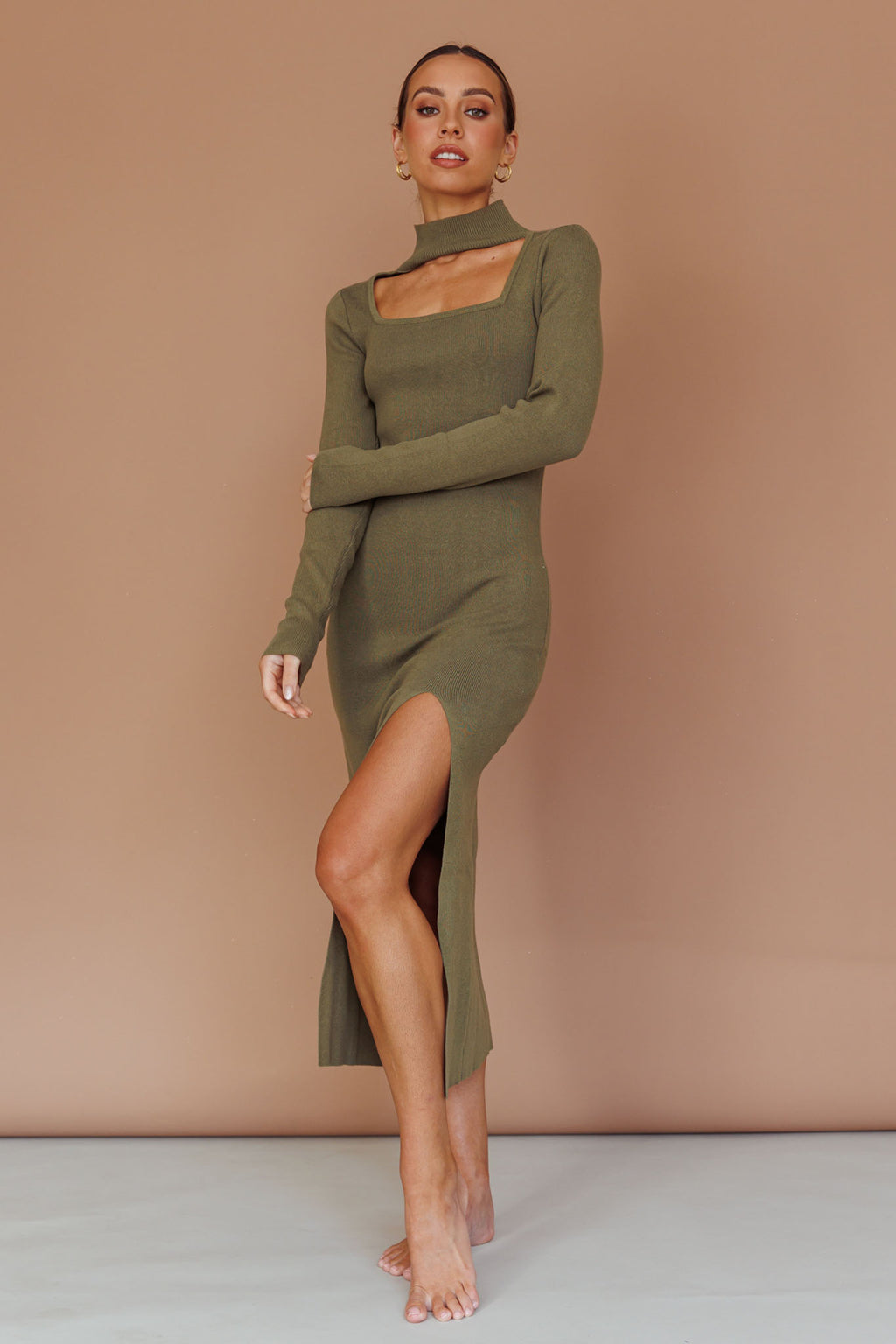 Get Acquainted Cut-Out Bust Midi Dress Olive by Selfie Leslie Australia