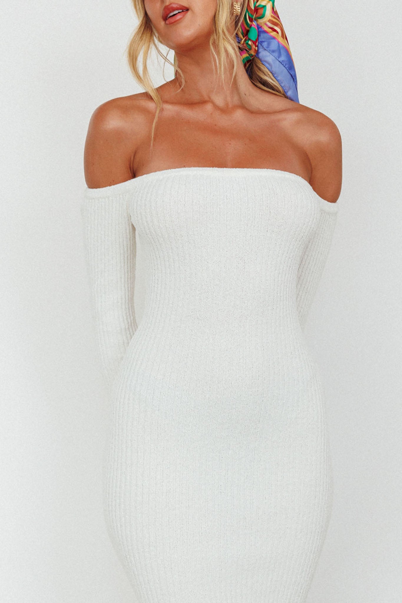 Briar Off-Shoulder Knit Midi Dress Off White by Selfie Leslie Australia