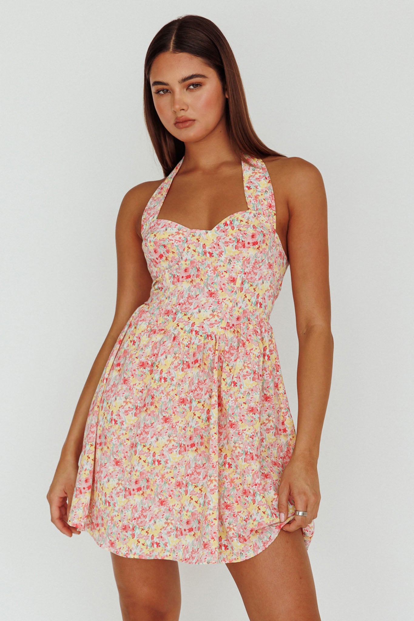 Hey Baby Halterneck Mini Dress Pink Floral by Selfie Leslie Australia