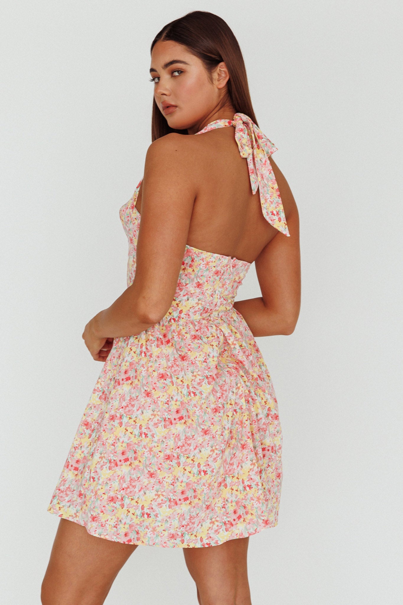 Hey Baby Halterneck Mini Dress Pink Floral by Selfie Leslie Australia