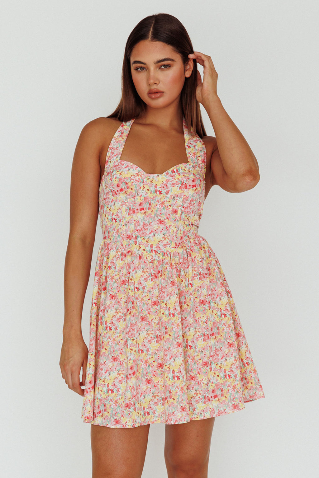 Hey Baby Halterneck Mini Dress Pink Floral by Selfie Leslie Australia