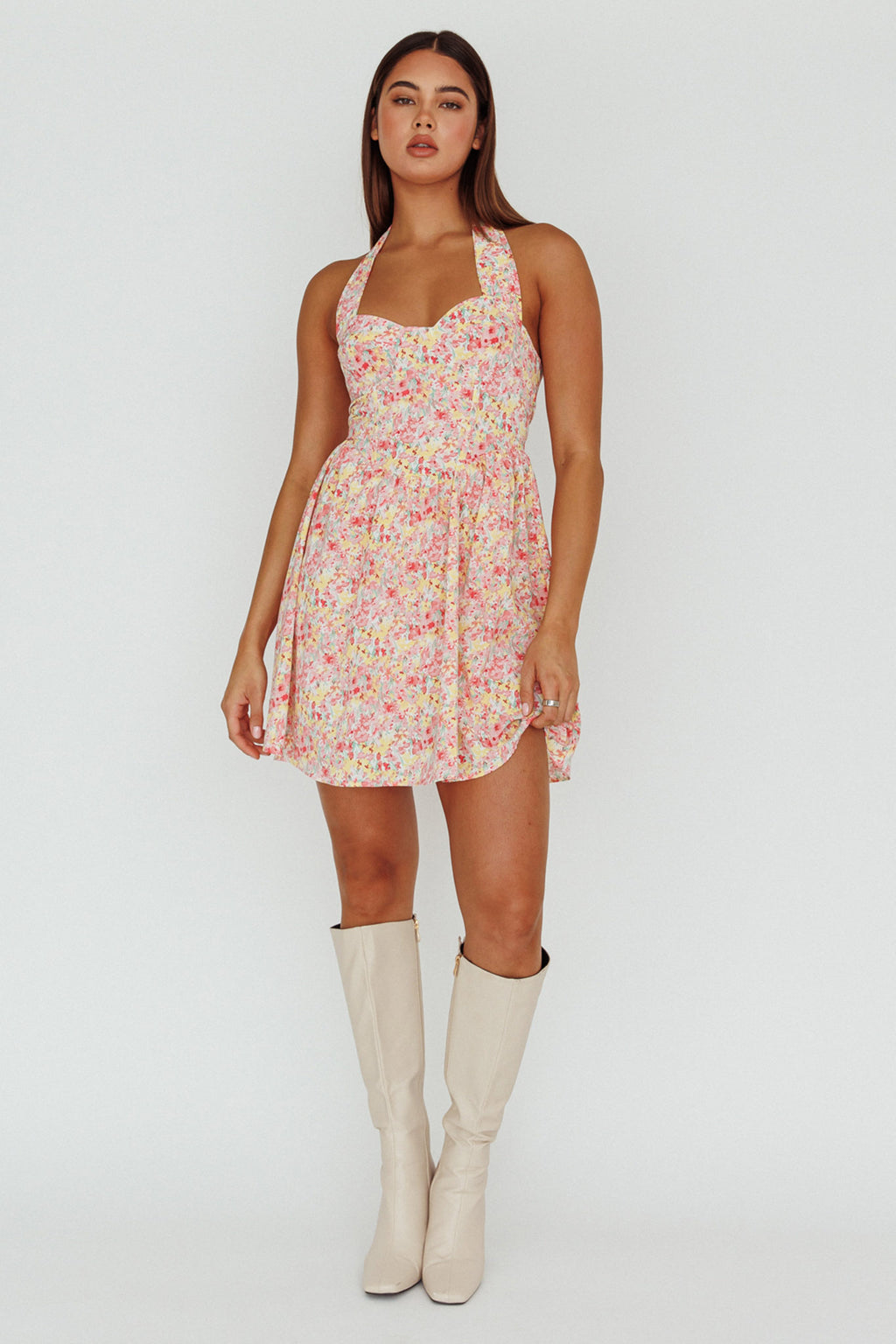Hey Baby Halterneck Mini Dress Pink Floral by Selfie Leslie Australia