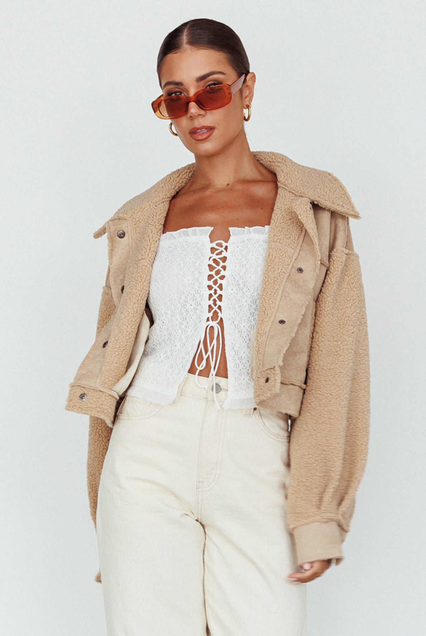 Kya Button Front Shearling Jacket Khaki by Selfie Leslie Australia