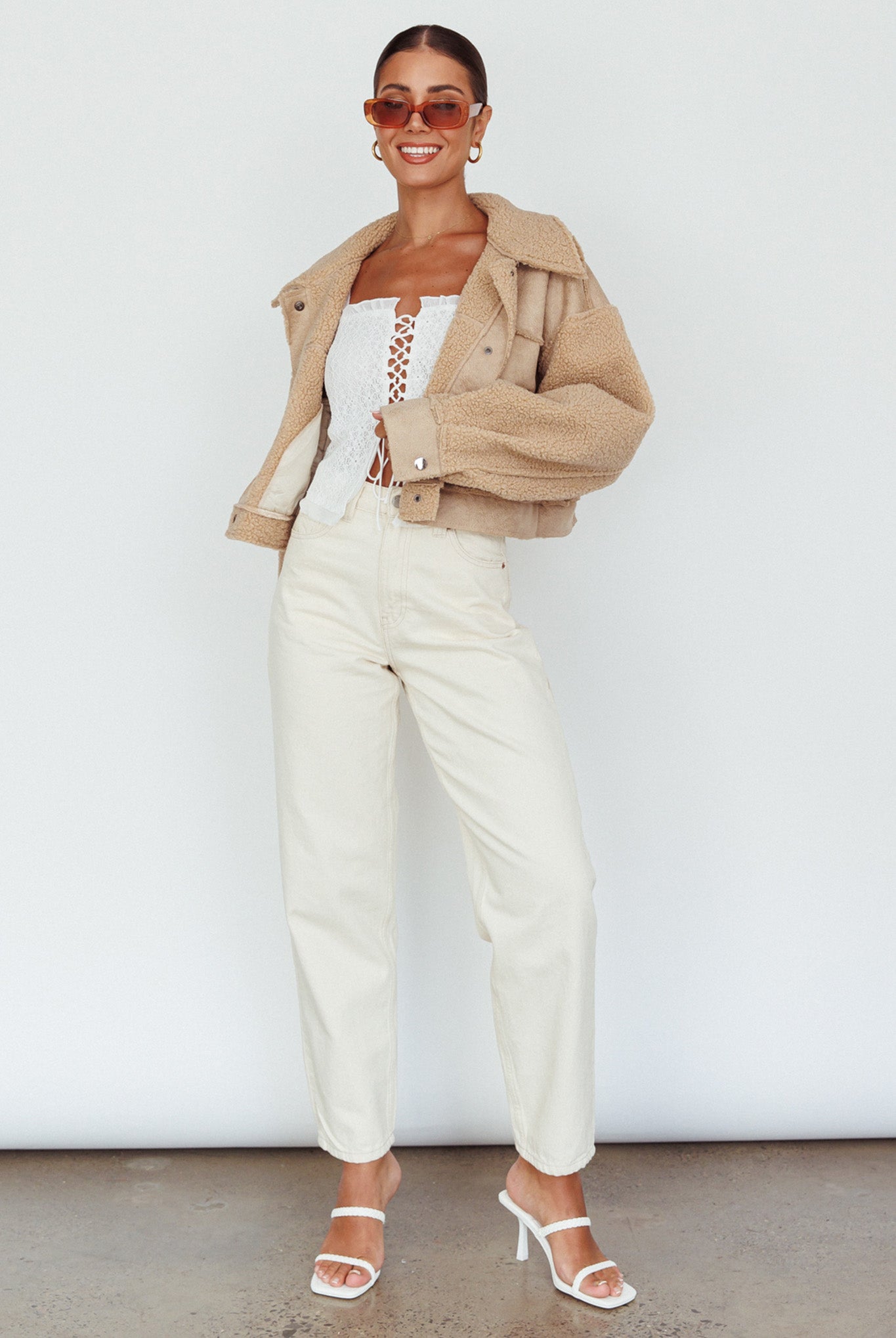 Kya Button Front Shearling Jacket Khaki by Selfie Leslie Australia