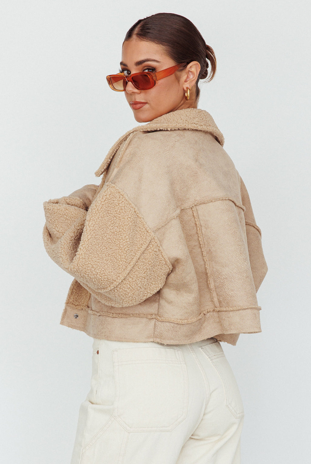 Kya Button Front Shearling Jacket Khaki by Selfie Leslie Australia