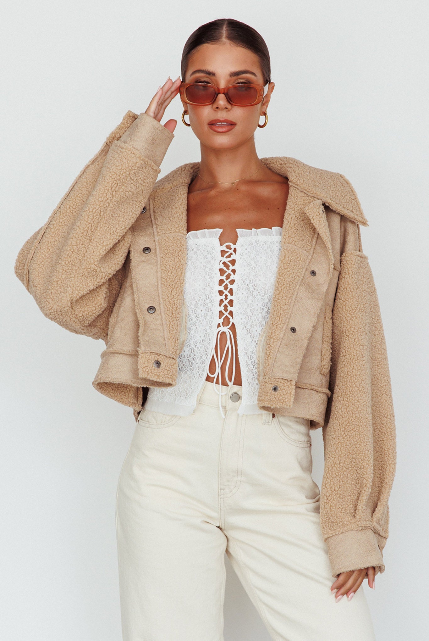 Kya Button Front Shearling Jacket Khaki by Selfie Leslie Australia