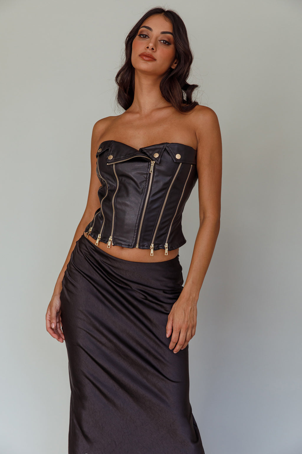 Moto Strapless Zipper Top Black by Selfie Leslie Australia