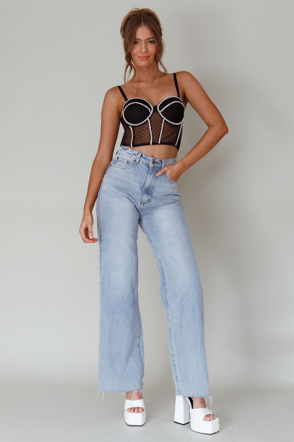 Stop And Stare Diamante Trim Crop Top Black by Selfie Leslie Australia