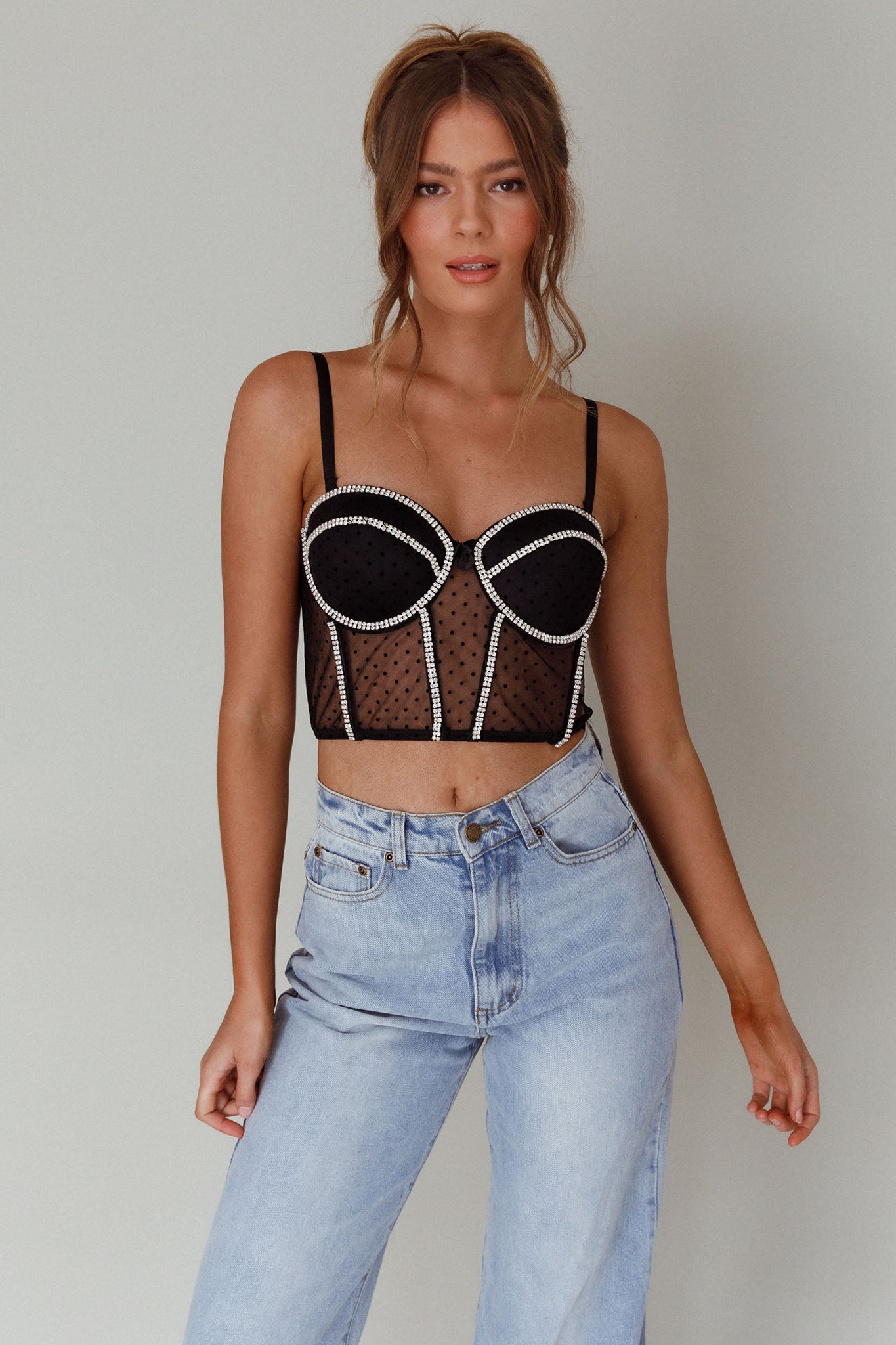 Stop And Stare Diamante Trim Crop Top Black by Selfie Leslie Australia
