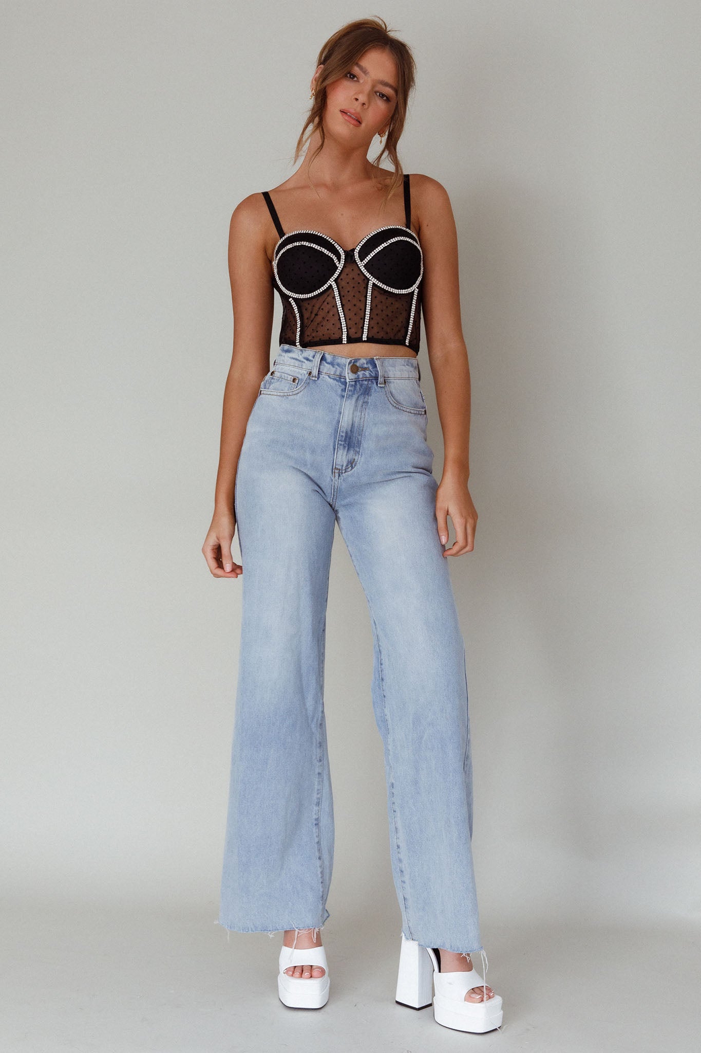 Stop And Stare Diamante Trim Crop Top Black by Selfie Leslie Australia