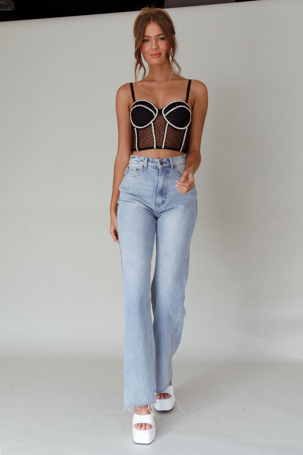 Stop And Stare Diamante Trim Crop Top Black by Selfie Leslie Australia