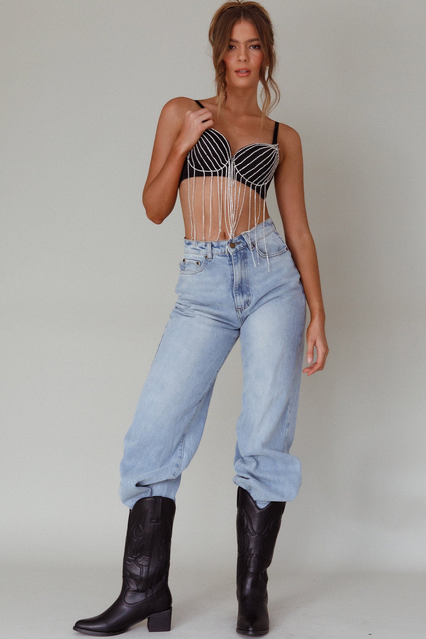 Showgirl Diamante Bra Crop Top Black by Selfie Leslie Australia