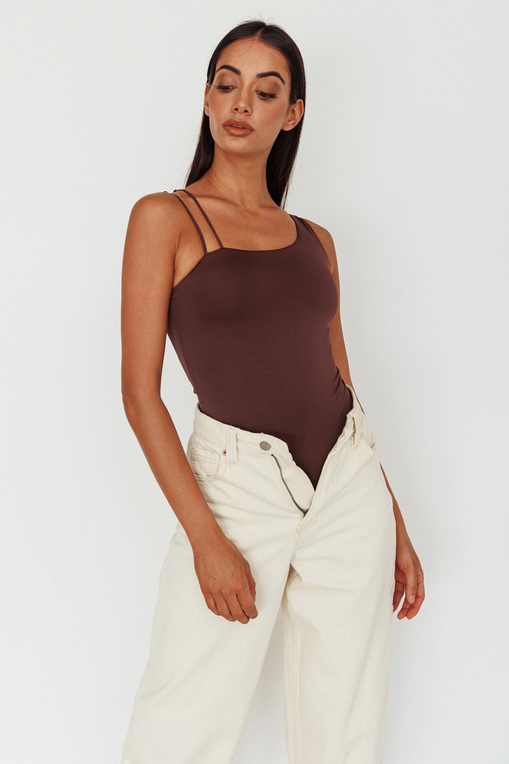 Bare Double Strap Bodysuit Brown by Selfie Leslie Australia